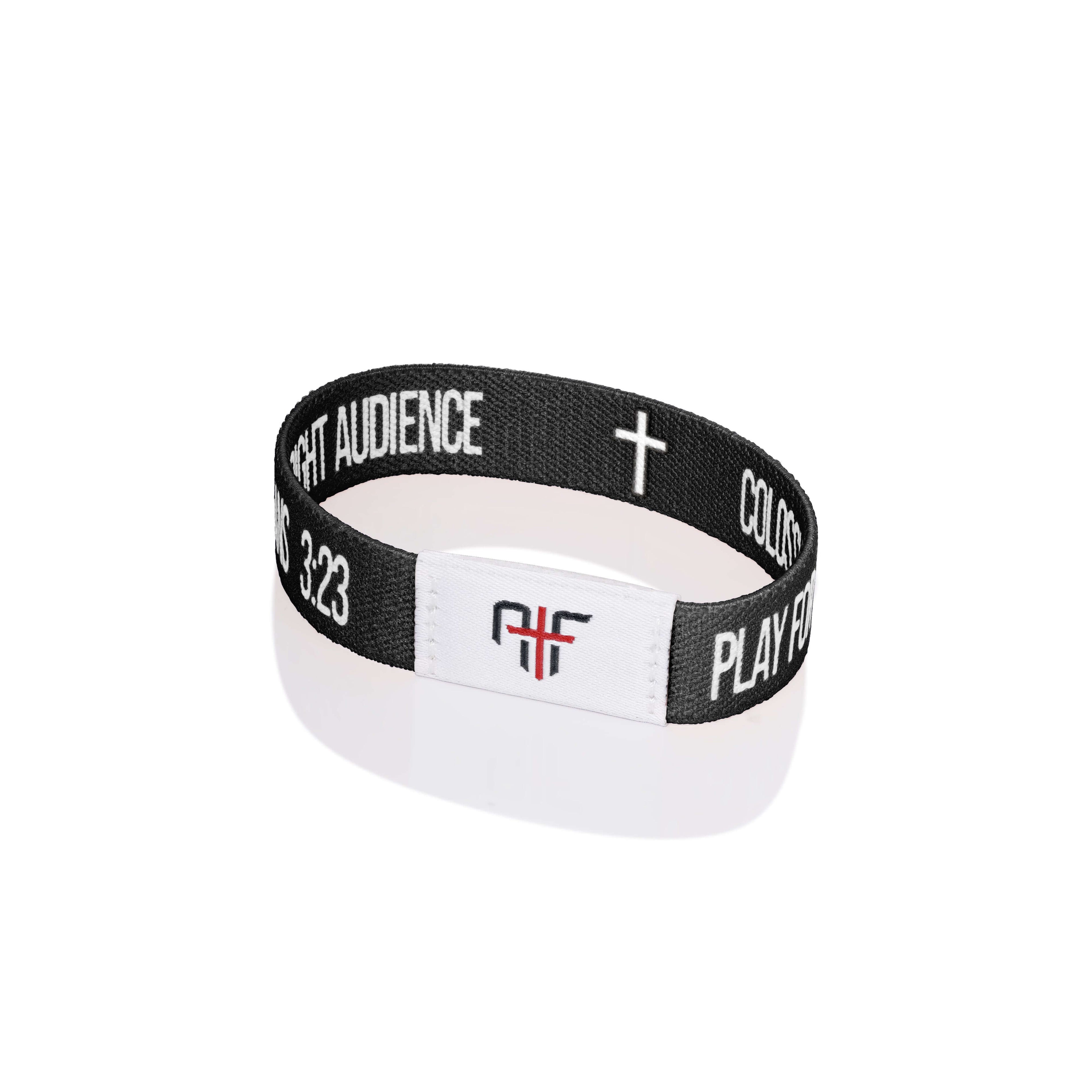 Bible Verse Interactive Tap Bracelet 2.0 | COL 3:23 featuring a black stretch design and RFID technology for easy access to Bible verses.