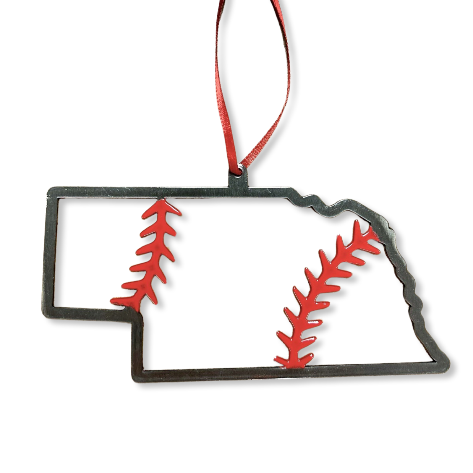 Nebraska Steel Baseball Christmas Ornament featuring a laser cut Nebraska state shape and baseball stitching details.