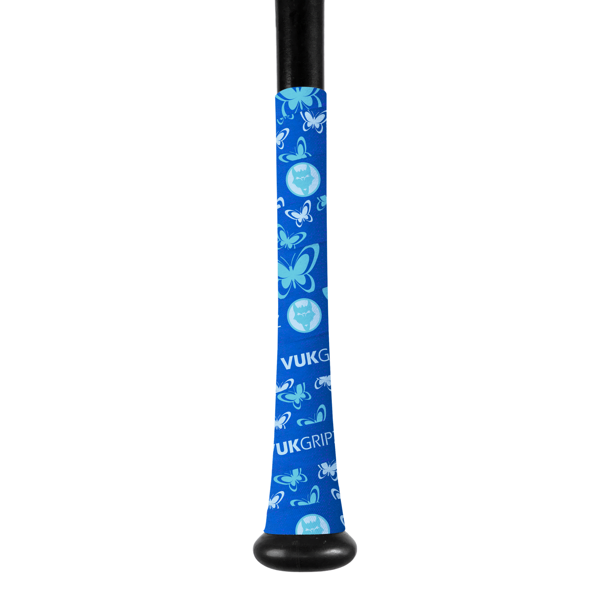 Butterfly Bat Grip Tape on a bat showcasing a colorful blue design with butterflies and logos.