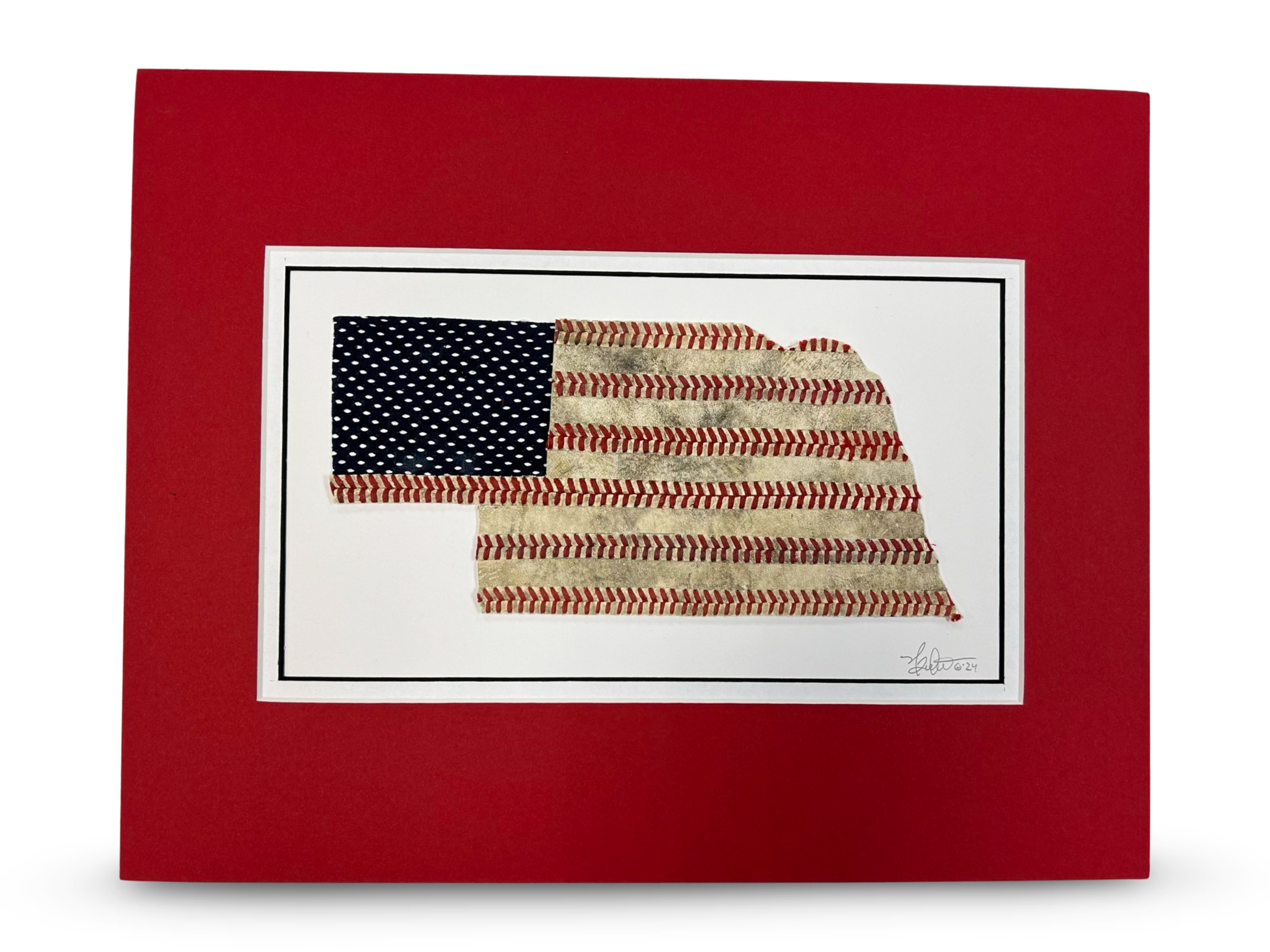 Nebraska Baseball Artwork - Made from Reclaimed Baseballs, featuring a baseball-themed depiction of Nebraska shaped like a flag.