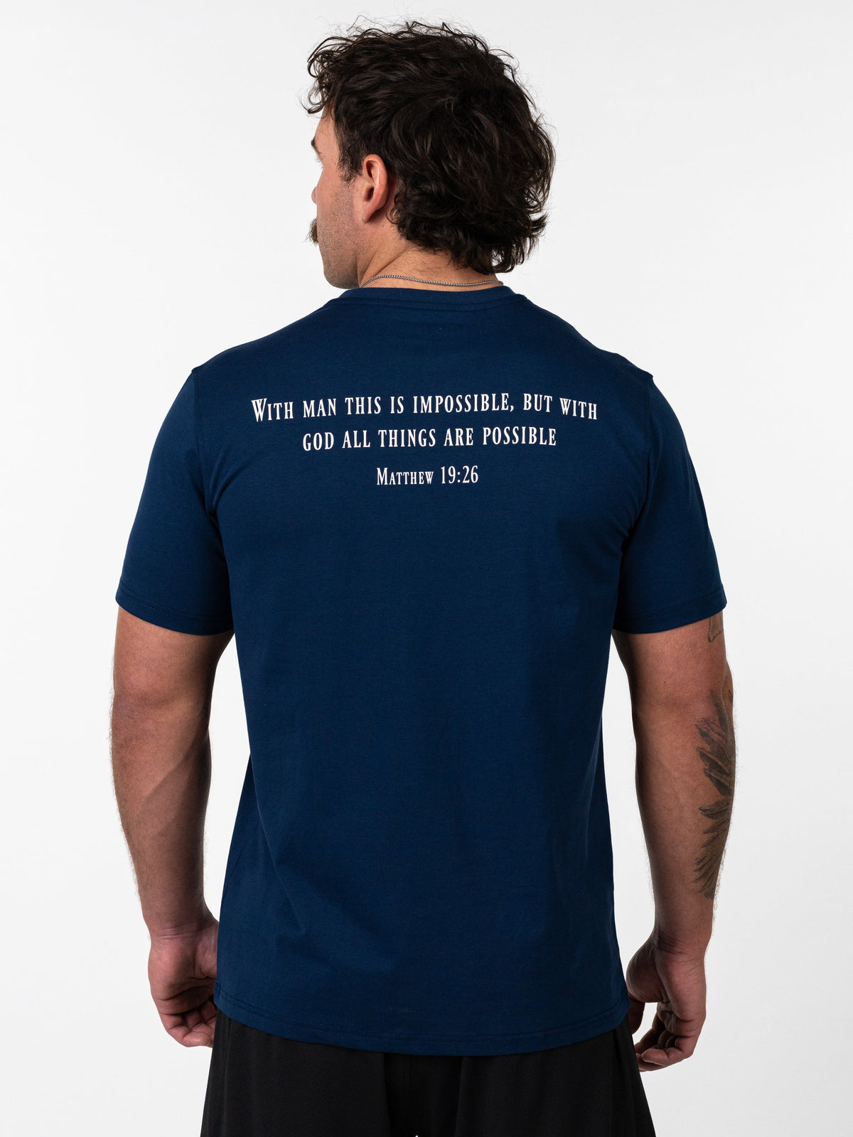 HolStrength Sovereign Performance Tee Christian workout shirt with cross and barbell design