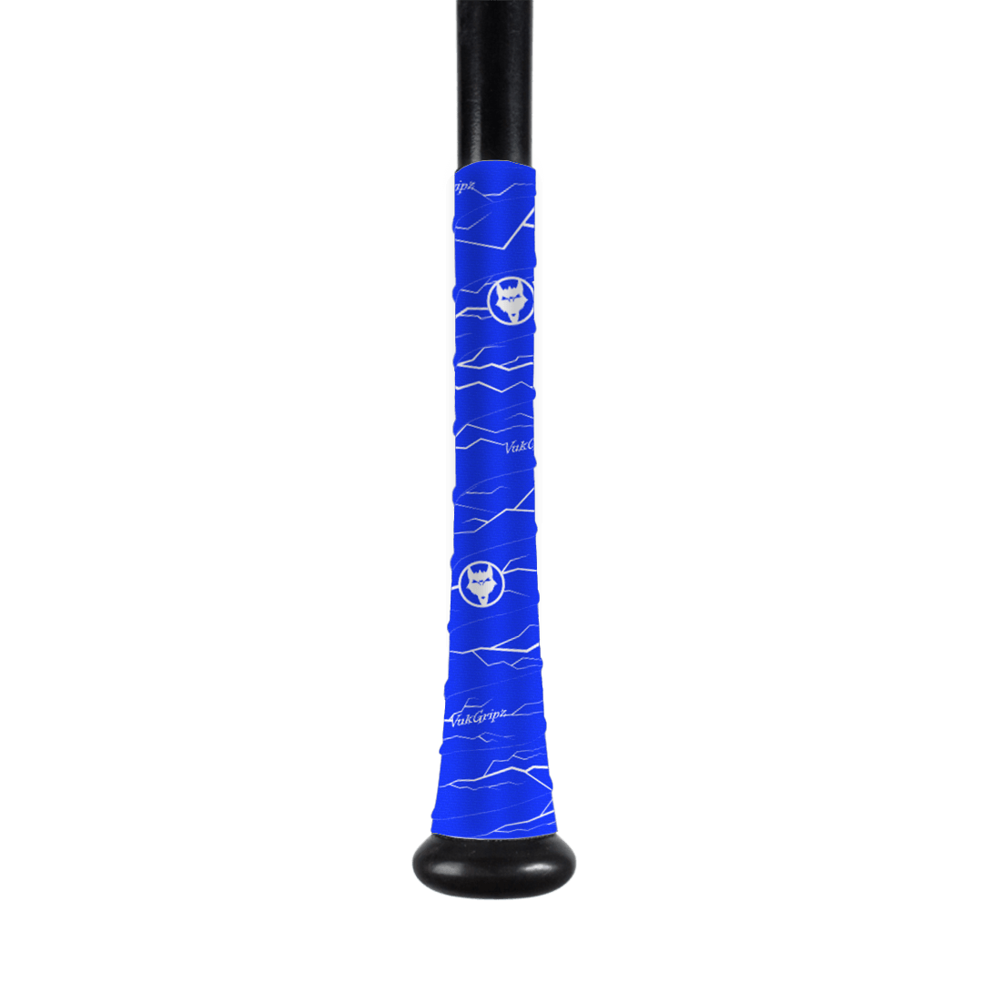VukGripz Pulse royal blue baseball and softball bat grip tape with white pattern wrapped on a bat
