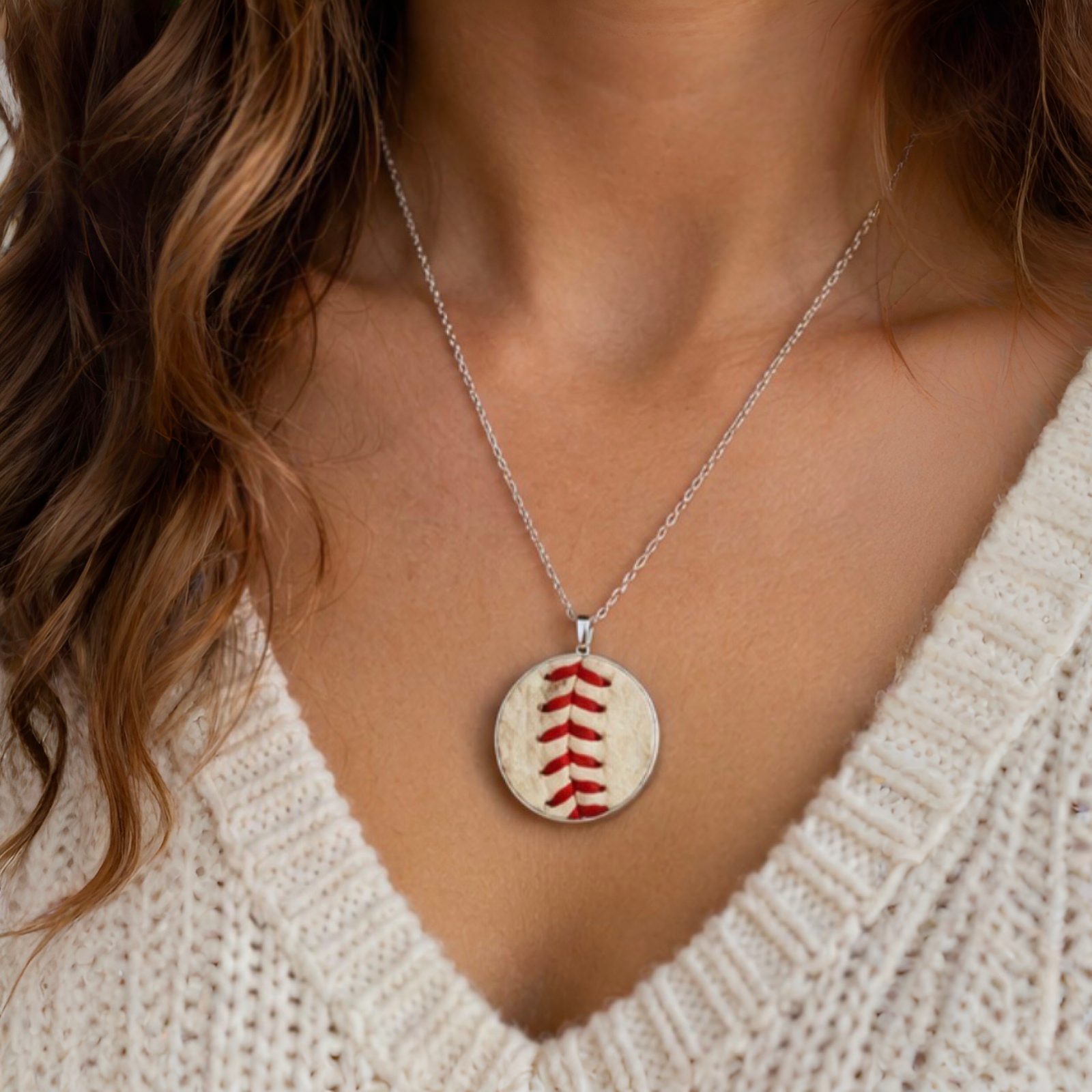 The Baseball Seams Company Baseball Seam Dainty Chain Pendant Necklace, product detail view