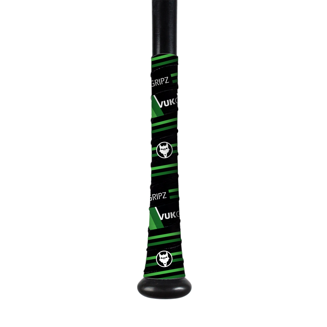 Mach 1 Black Bat Grip Tape featuring a sleek black and green design for improved batting control.