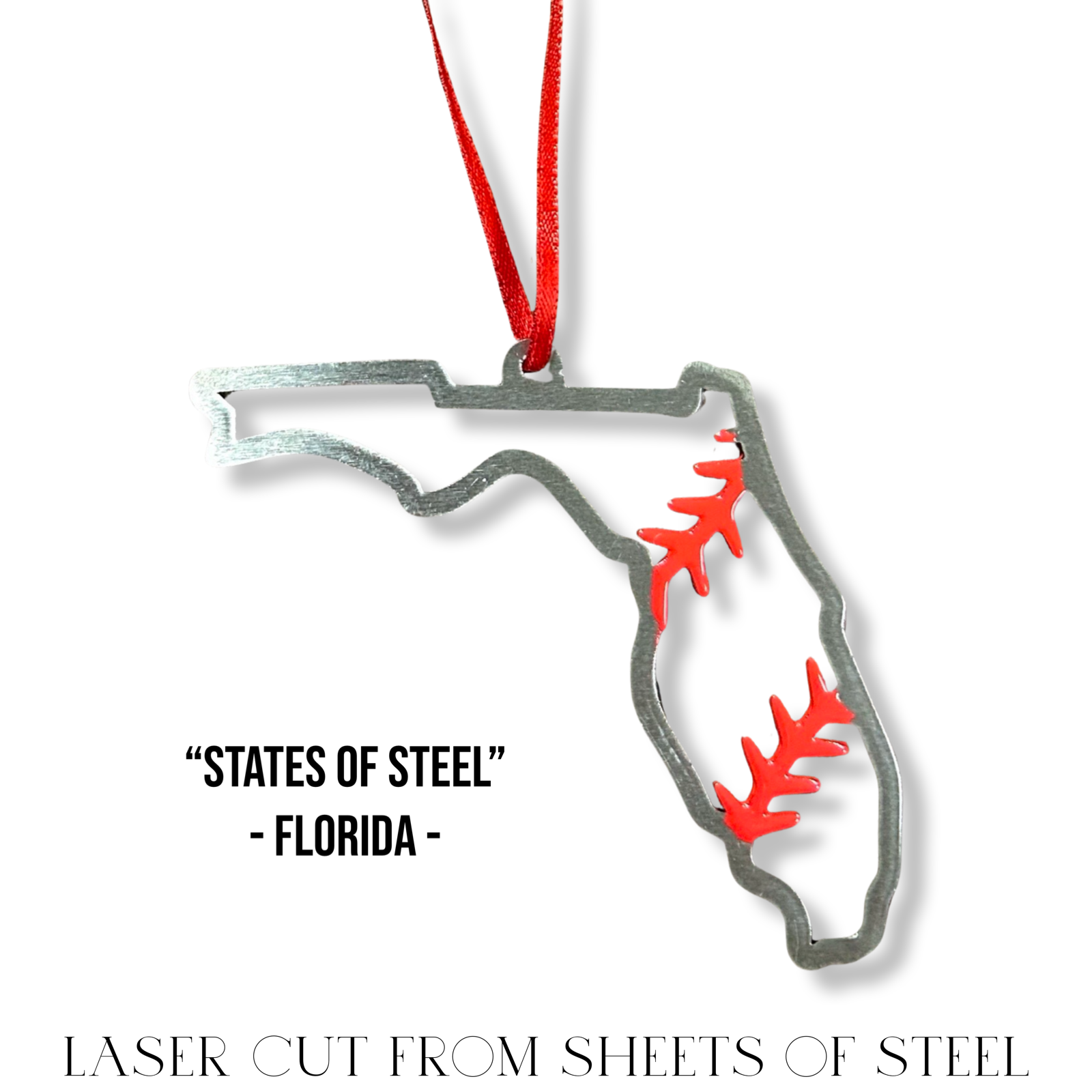 Florida Steel Baseball Christmas Ornament, laser cut metal ornament featuring Florida with red accents.
