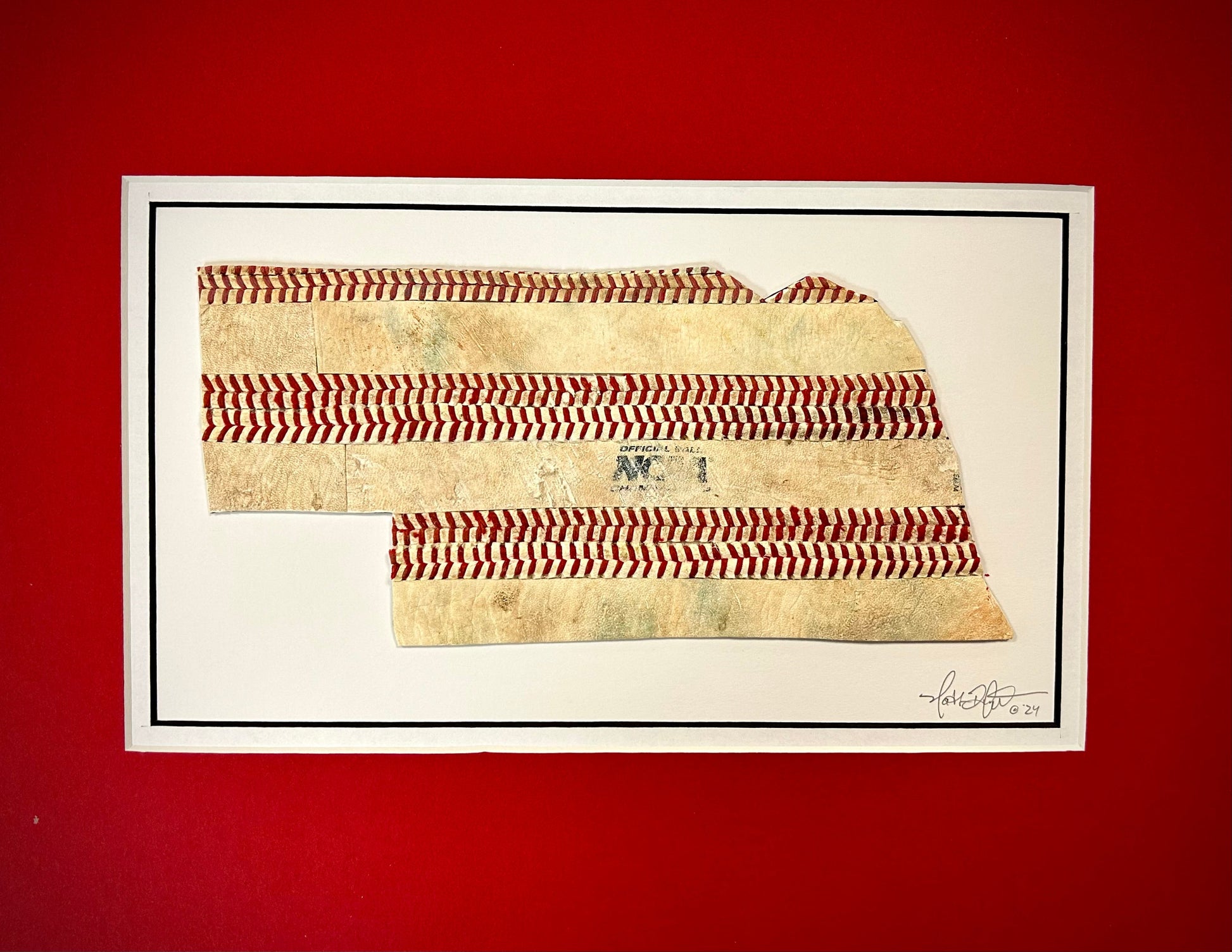 Nebraska Baseball Artwork - Made from Reclaimed Baseballs displayed against a red background.