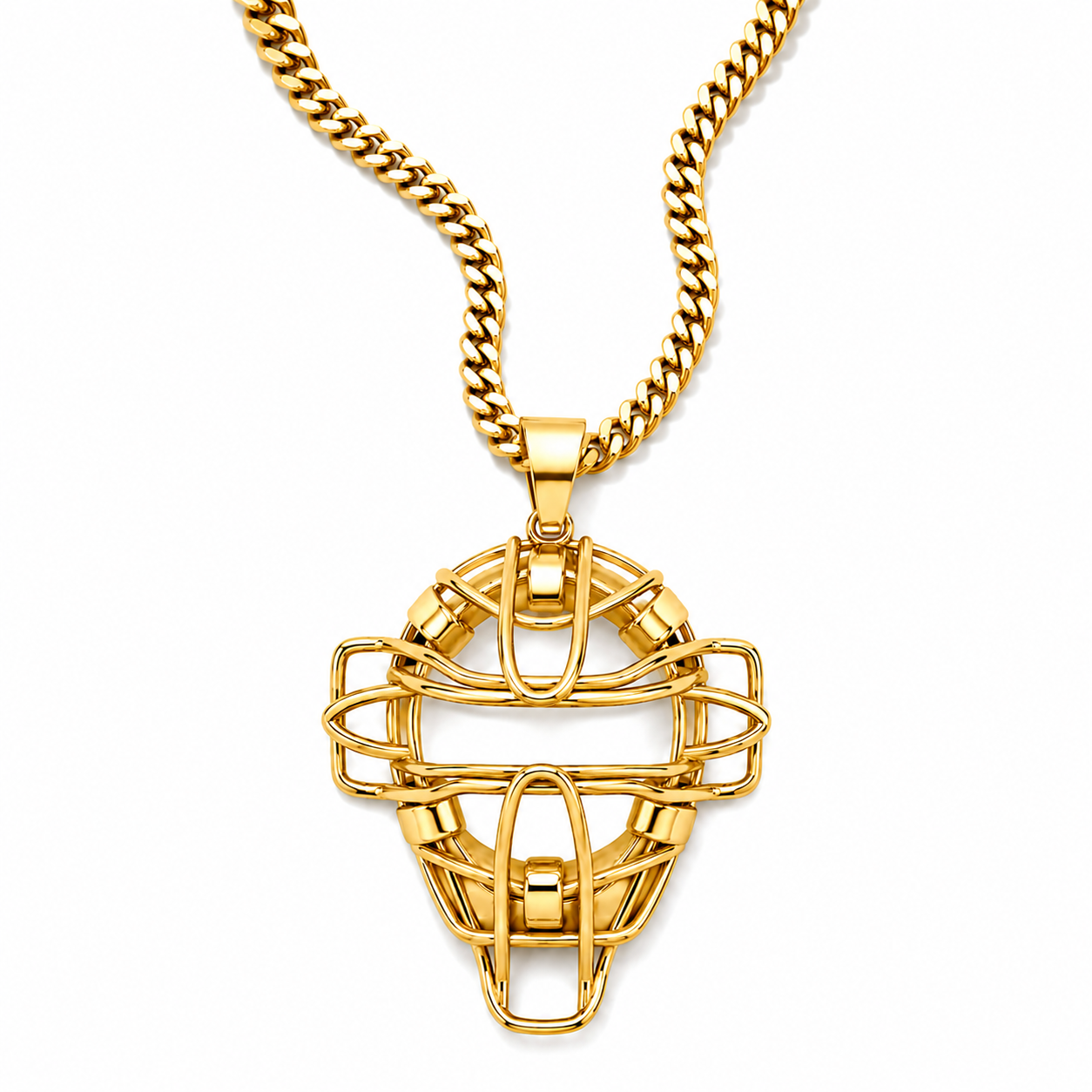 A gold-tone chain necklace with a detailed catcher's mask pendant, shown against a plain white background.