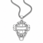 A silver-toned metal pendant necklace featuring a detailed catcher's mask design, suspended from a matching curb chain against a plain white background.