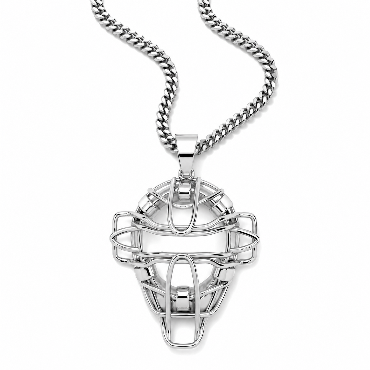 A silver-toned metal pendant necklace featuring a detailed catcher's mask design, suspended from a matching curb chain against a plain white background.