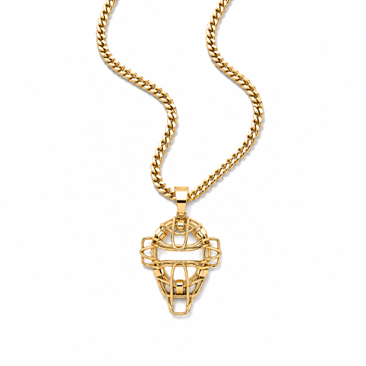A gold-tone necklace featuring a wireframe catcher's mask pendant on a curb chain, shown against a plain white background.