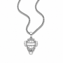 A silver-toned metal necklace featuring a pendant shaped like a baseball catcher's mask, suspended from a matching curb chain against a plain white background.