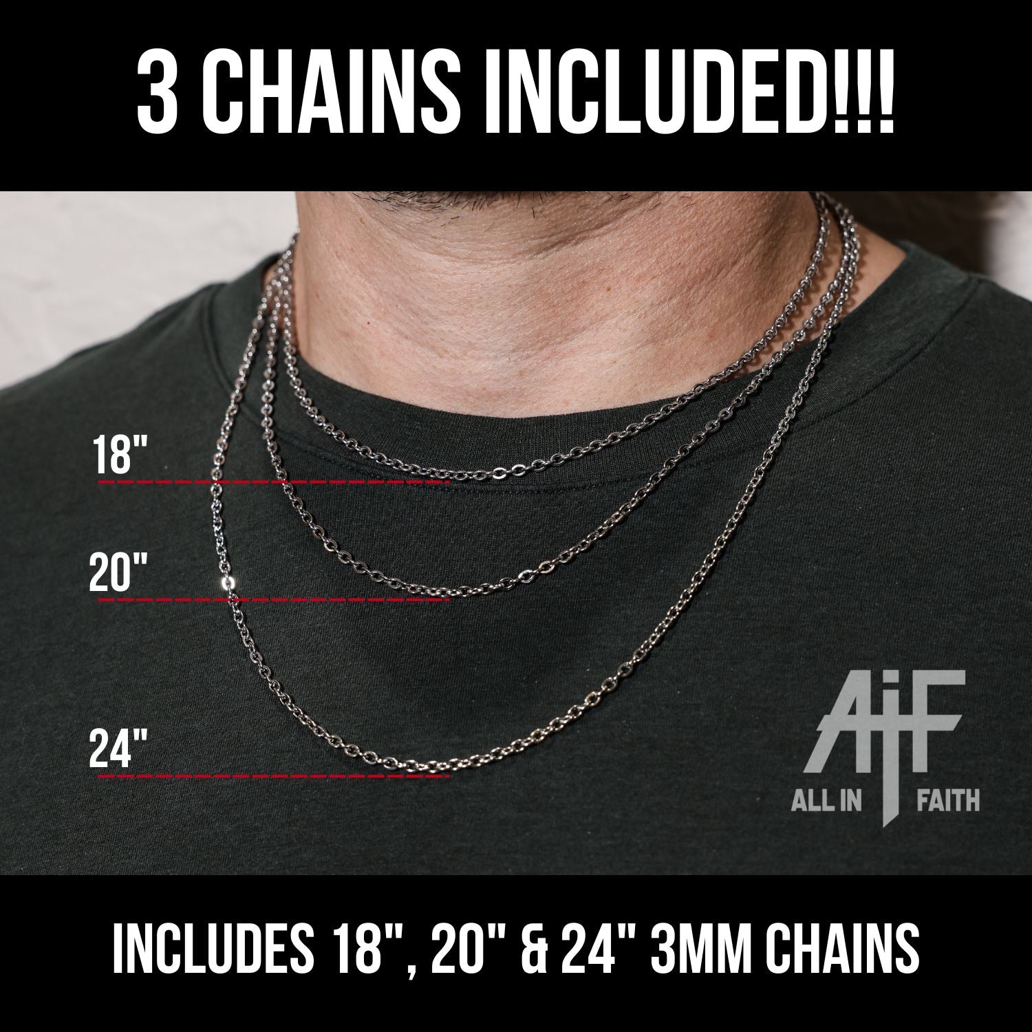 Person wearing three chain necklaces with measurements and 'All In Faith' logo.