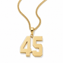 A gold-plated necklace featuring a '45' number pendant, displayed on a clean white background.