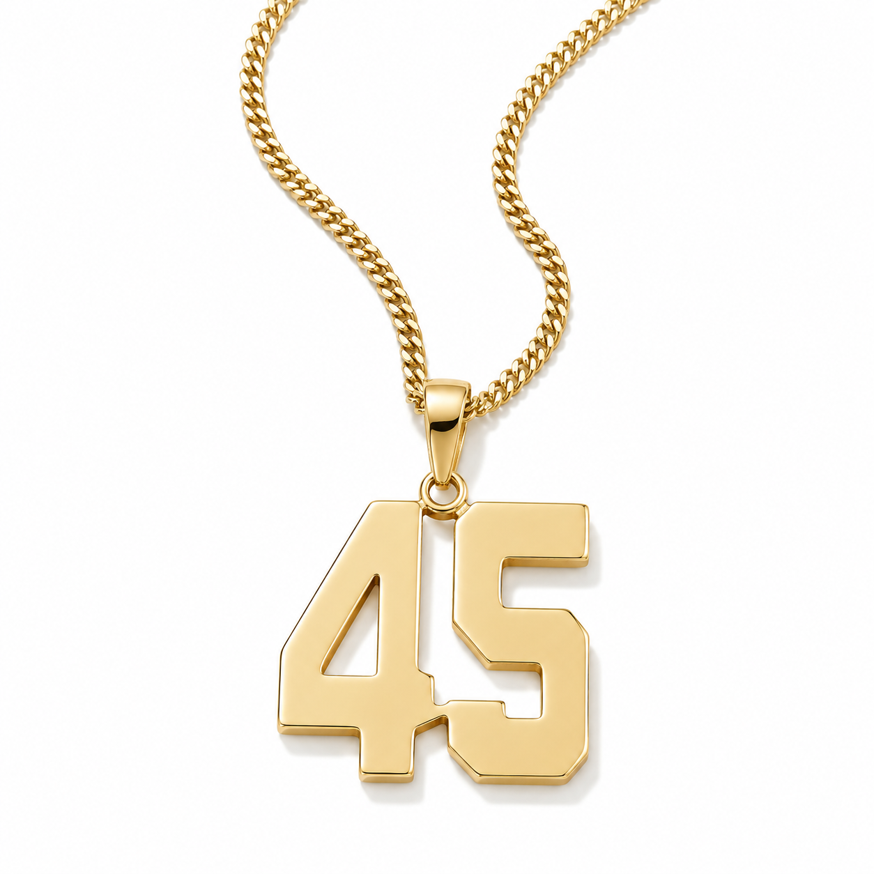 A gold-plated necklace featuring a '45' number pendant, displayed on a clean white background.