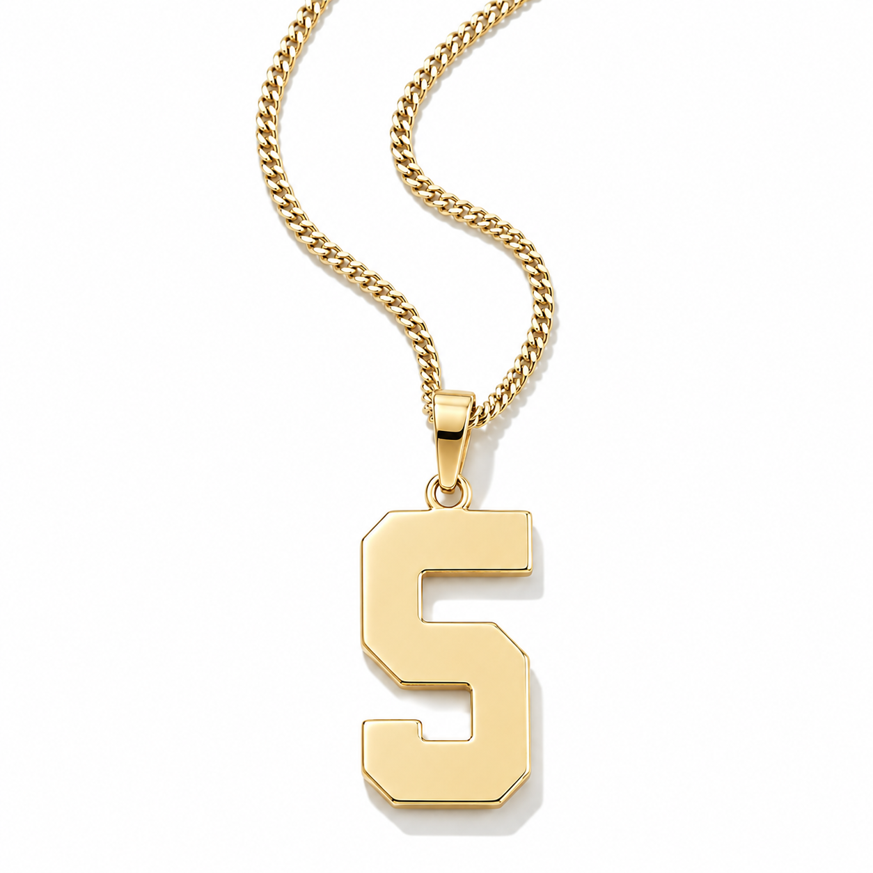 A gold initial pendant necklace featuring the numbering '5' on a matching curb chain, shown against a plain white background.