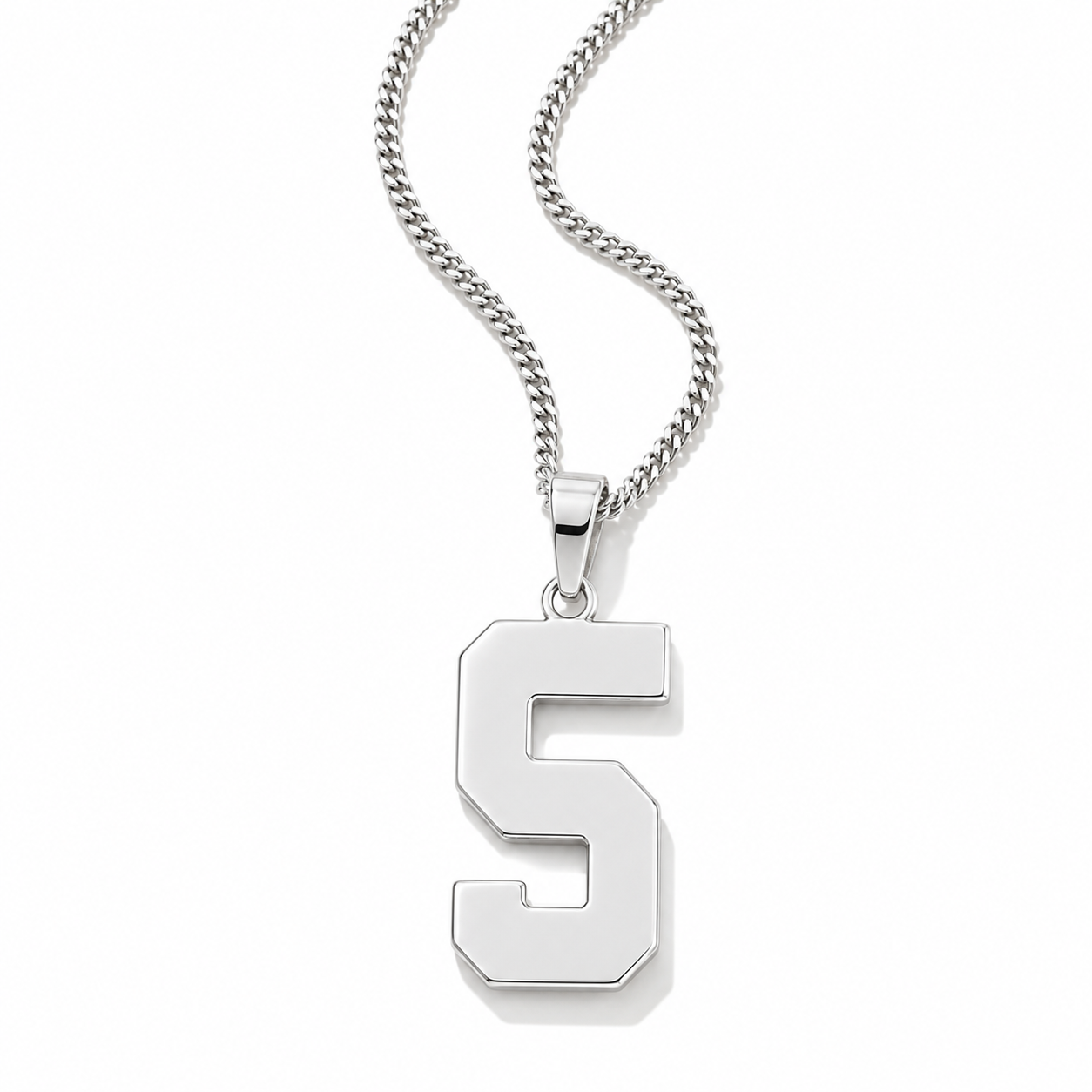 A silver pendant necklace featuring a bold, polished number 5 charm on a matching silver chain, shown against a plain white background.