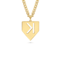 stainless yellow necklace with a backward k on a baseball home plate pendant on a white background