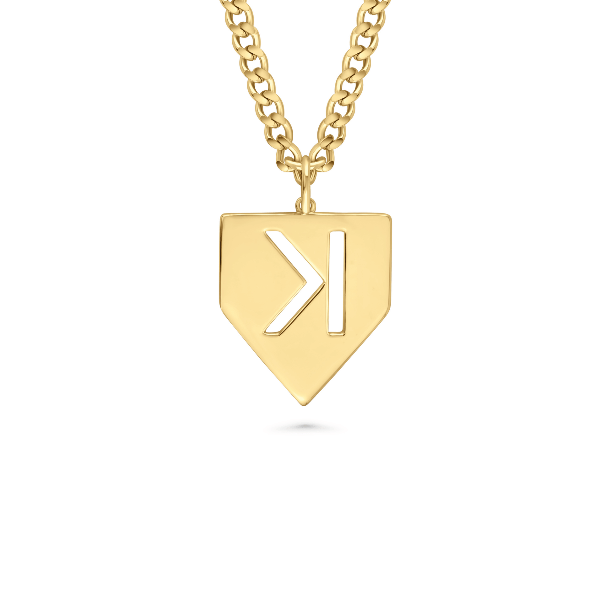 stainless yellow necklace with a backward k on a baseball home plate pendant on a white background