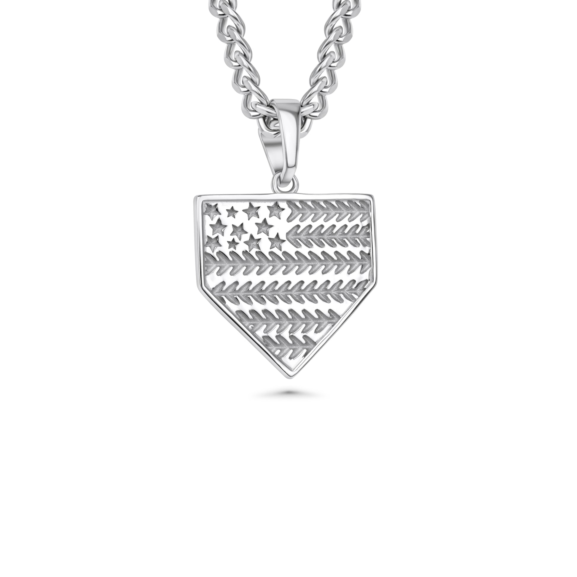 Silver necklace with a pendant shaped like a home plate on a white background