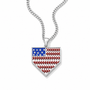 A silver baseball-shaped pendant necklace featuring an American flag design with red stitching and white stars, suspended from a silver curb chain against a white background.