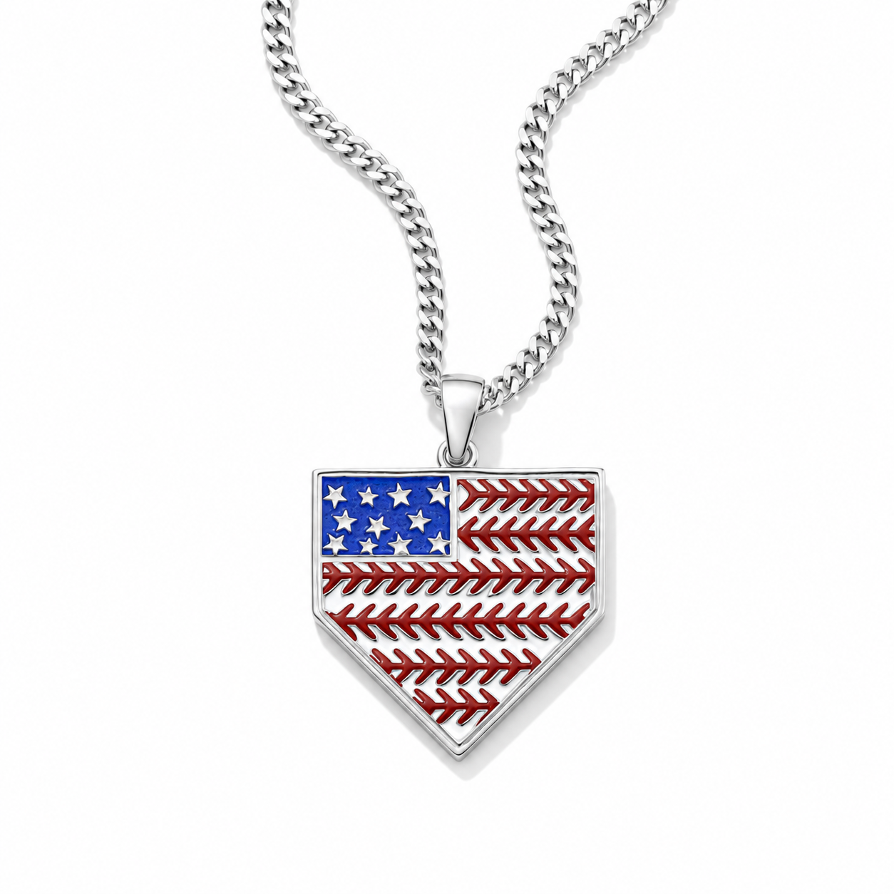 A silver baseball-shaped pendant necklace featuring an American flag design with red stitching and white stars, suspended from a silver curb chain against a white background.
