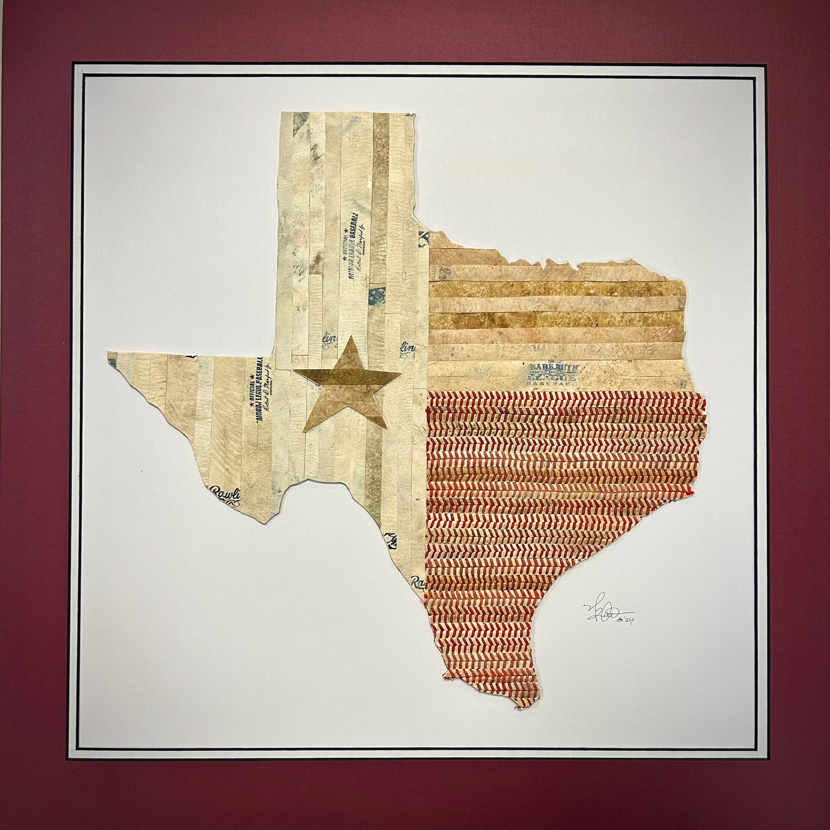 Texas State Original Artwork - made from used baseballs, handcrafted artwork featuring Texas shape design and vintage baseball materials.