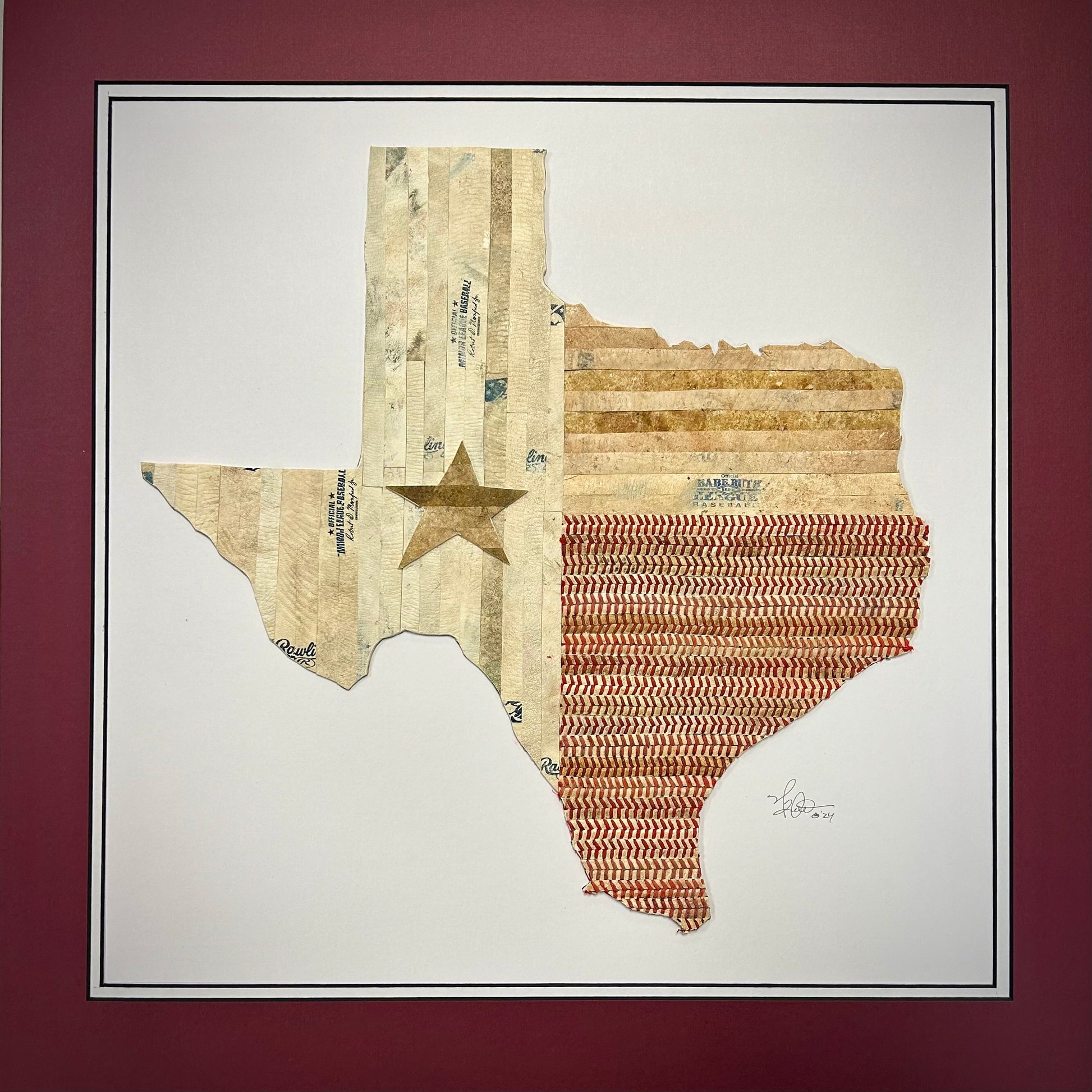 Texas State Original Artwork - made from used baseballs, handcrafted artwork featuring Texas shape design and vintage baseball materials.