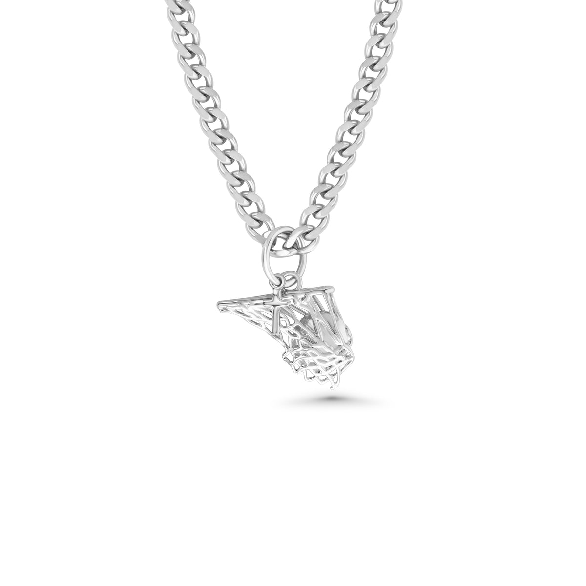 Basketball Net Necklace w/ Dangle Cross Pendant | White Gold