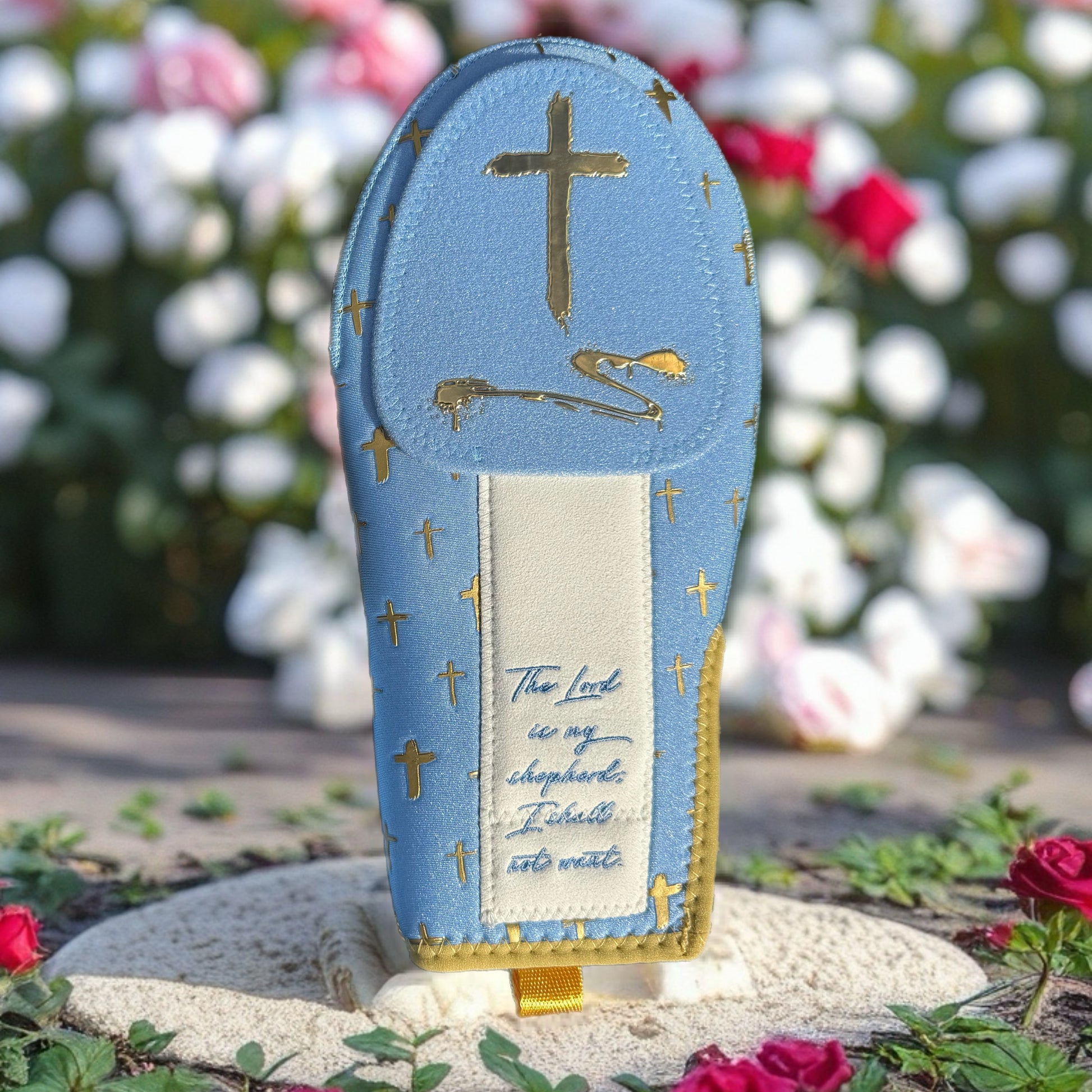 Goat'd Sliding Mitt | Psalm 23 baseball sliding mitt in baby blue with gold cross accents, faith-based design for Christian athletes, protective gear for baseball baserunning