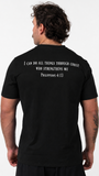HolStrength Sovereign Performance Tee featuring Philippians 4:13 with cross and barbell design