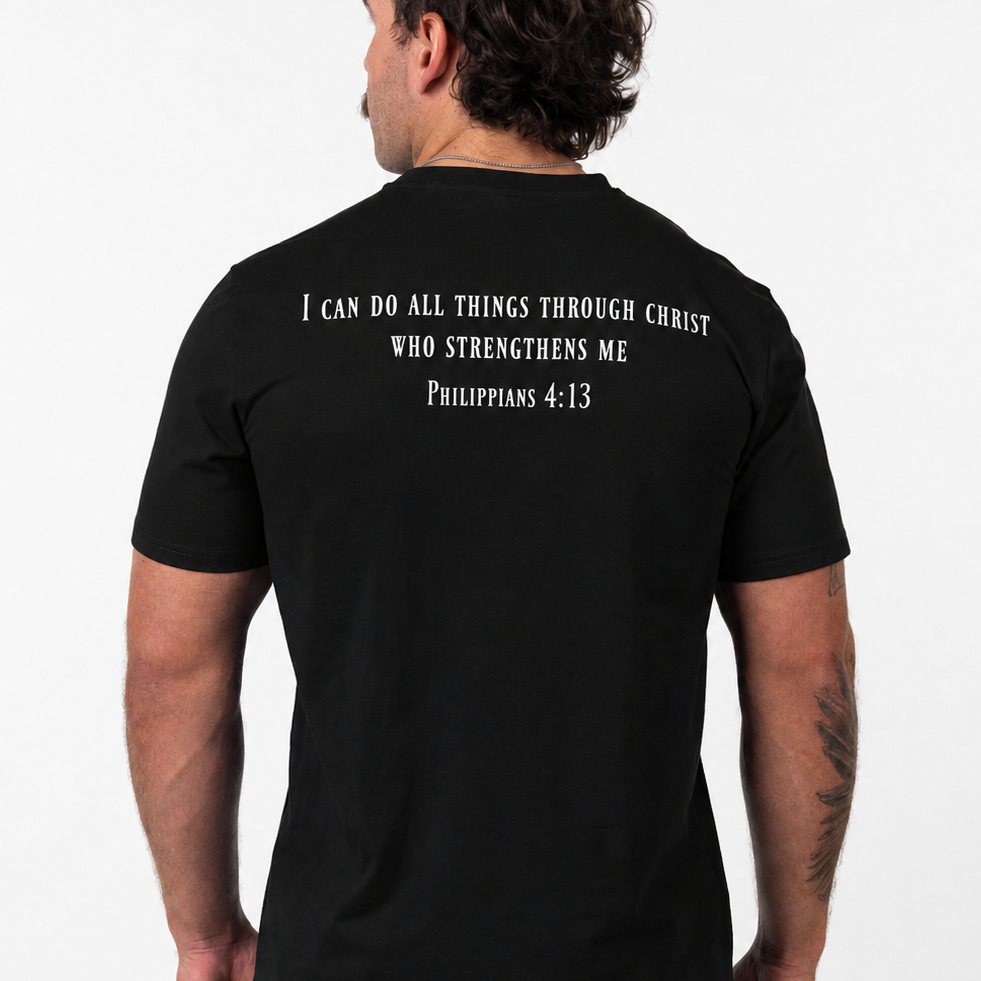 HolStrength Sovereign Performance Tee featuring Philippians 4:13 with cross and barbell design