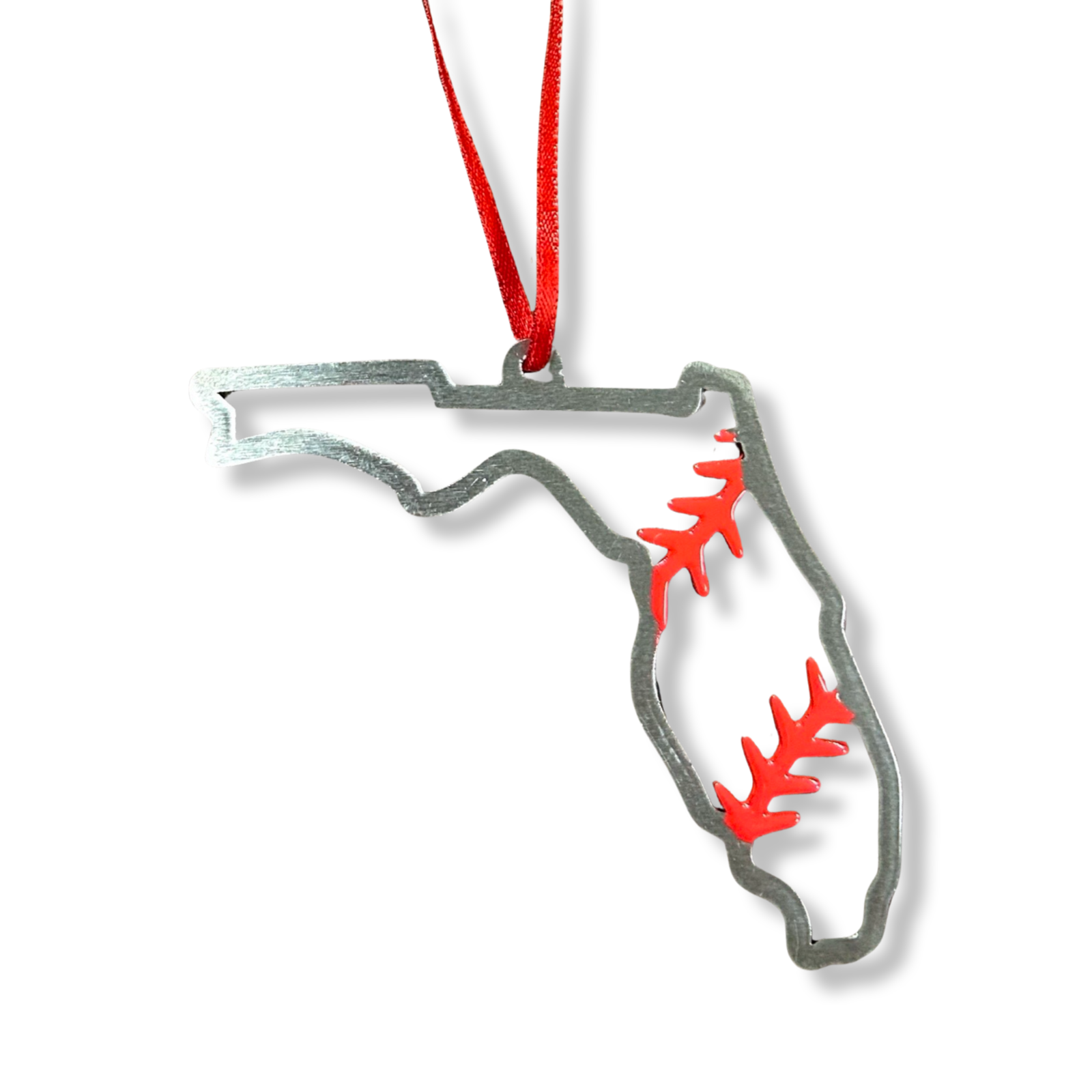 Florida Steel Baseball Christmas Ornament in the shape of Florida with red stitching detail.