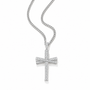 A silver cross pendant necklace paved with small clear stones, hanging from a silver curb chain against a plain white background.