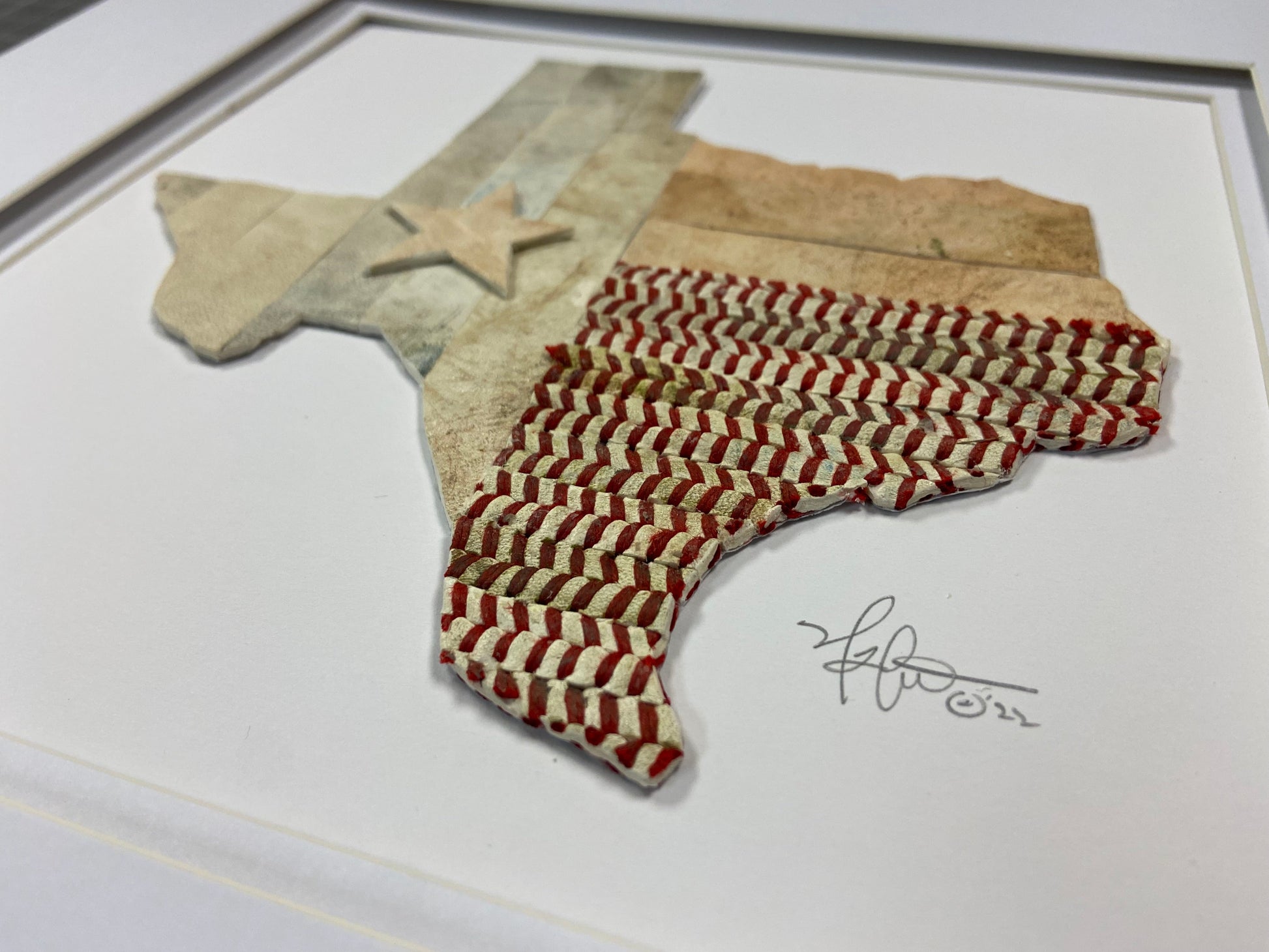 Texas State Original Artwork - made from used baseballs displayed in a framed design with intricate textures.