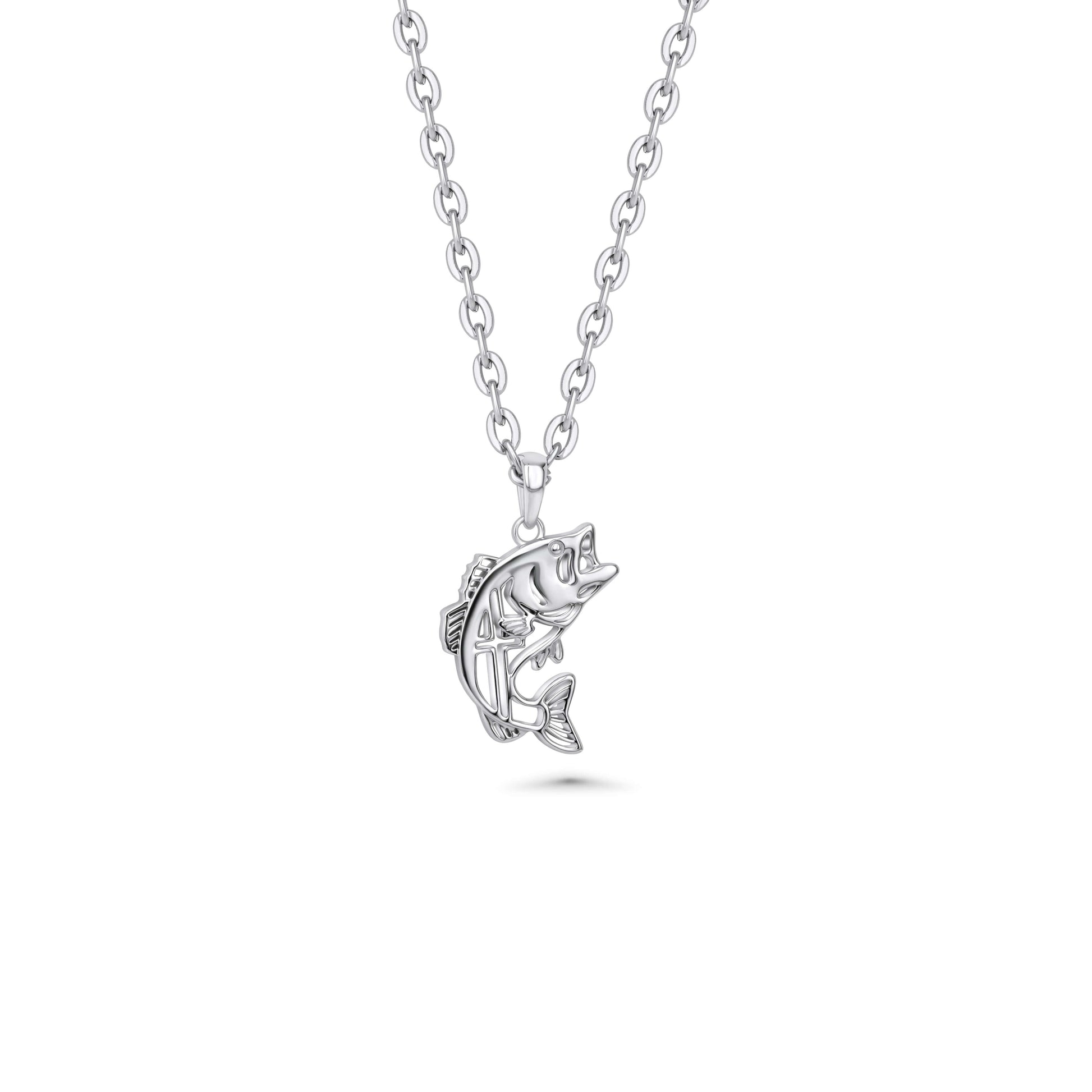 Fishing Cross Necklace | Silver fish pendant necklace on a white background