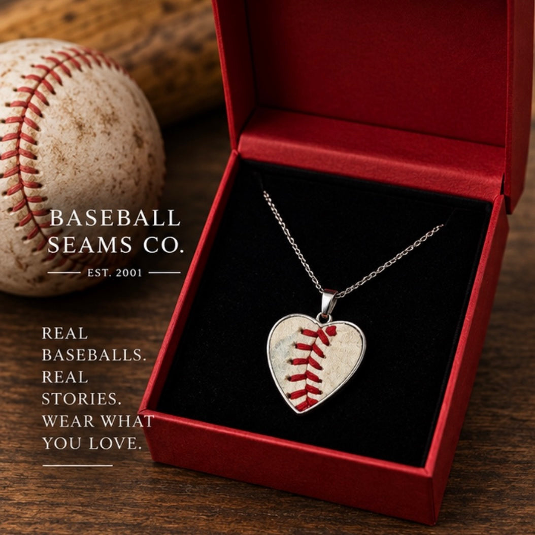 The Baseball Seams Company Baseball Seam Silver Heart Pendant Necklace, product detail view