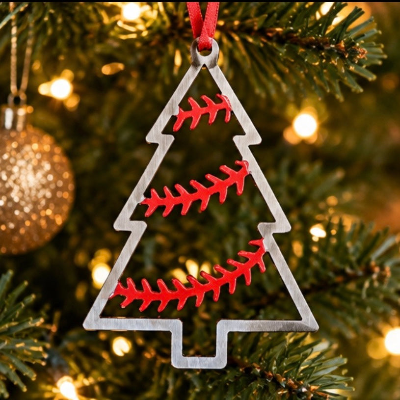 The Baseball Seams Company THE TREE steel baseball Christmas ornament, product view