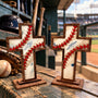 The Baseball Seams Company Old Rugged baseball and softball cross with wooden display stand