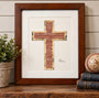 The Baseball Seams Company Traditional Cross baseball artwork made from used baseball seams, framed display view