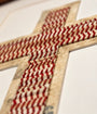 The Baseball Seams Company Traditional Cross baseball artwork made from used baseball seams, framed display view