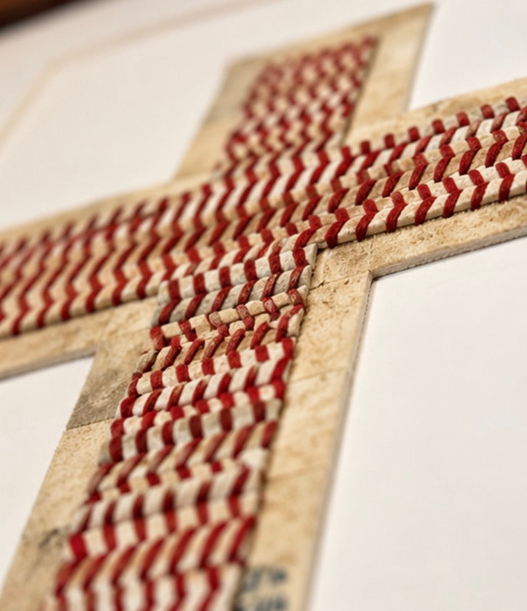 The Baseball Seams Company Traditional Cross baseball artwork made from used baseball seams, framed display view