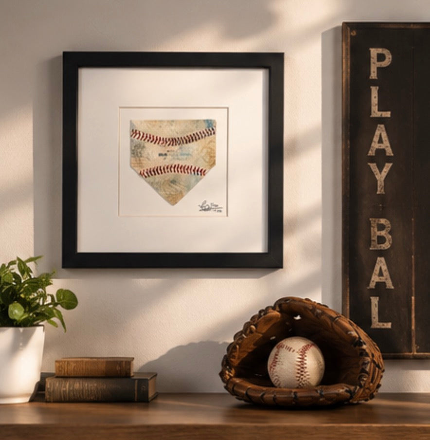 The Baseball Seams Company HOME home plate baseball artwork made with used baseball seams, framed display view
