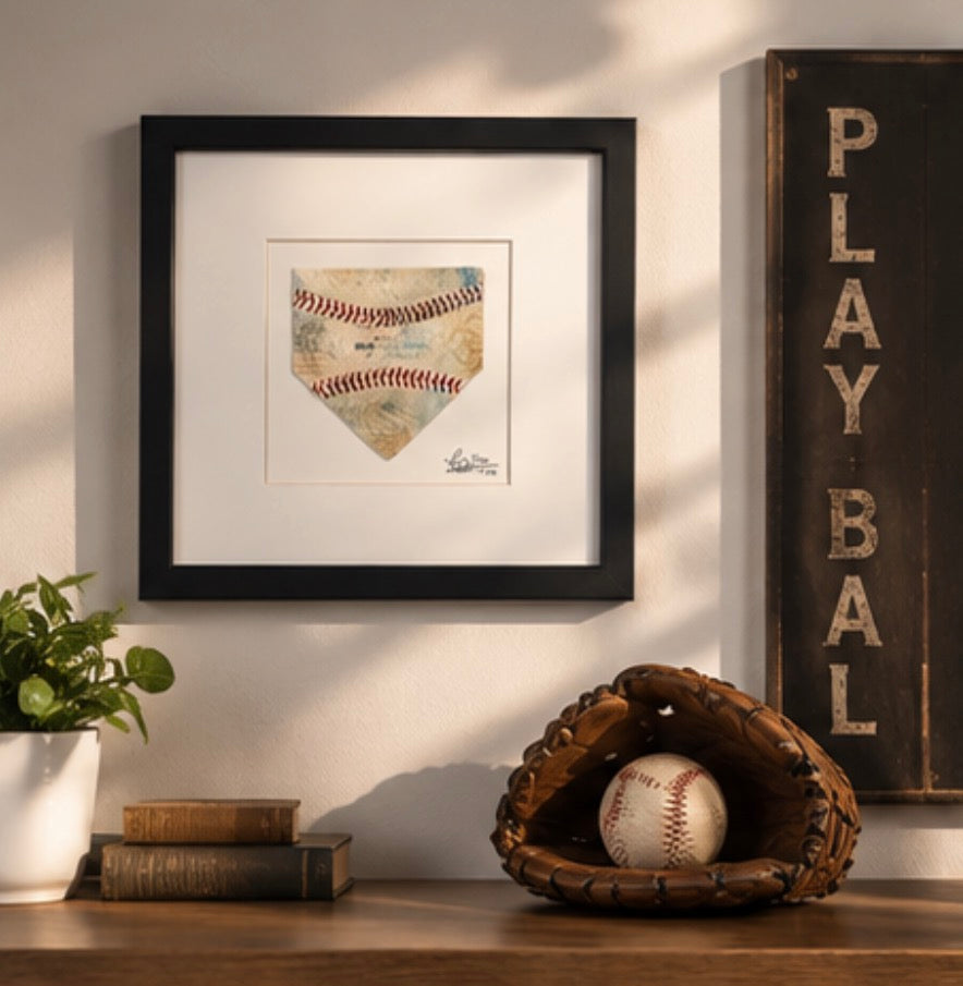 The Baseball Seams Company HOME home plate baseball artwork made with used baseball seams, framed display view