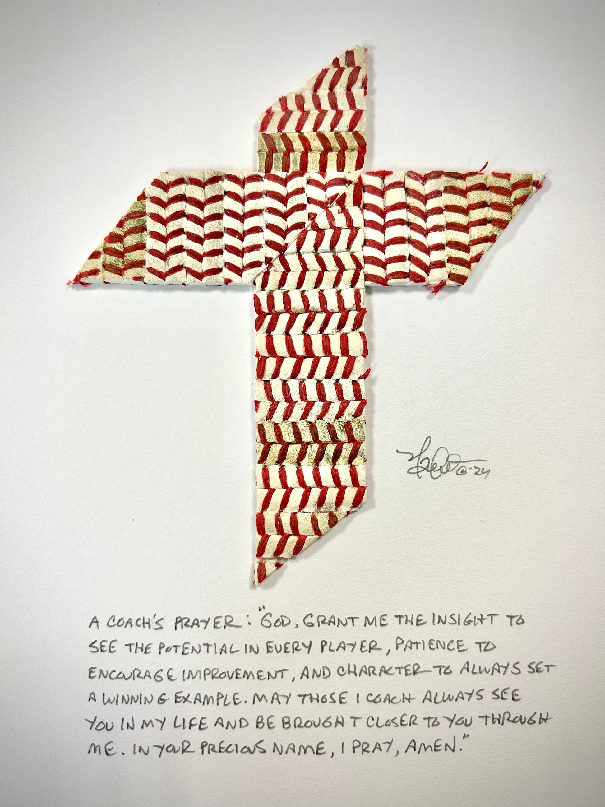 The Baseball Cross - Original Artwork Made from Actual Used Baseballs with a coach's prayer.
