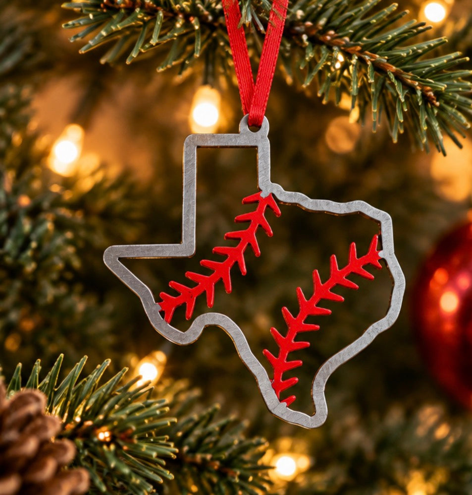 The Baseball Seams Company Texas Baseball Christmas Ornament laser cut from steel, product view