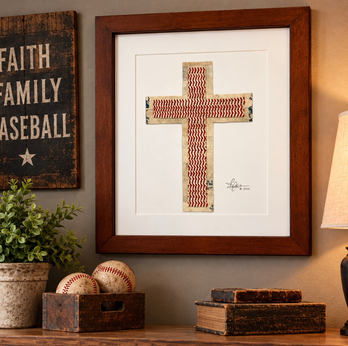 The Baseball Seams Company Traditional Cross baseball artwork made from used baseball seams, framed display view