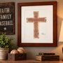 The Baseball Seams Company Traditional Cross baseball artwork made from used baseball seams, framed display view