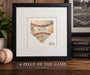 The Baseball Seams Company HOME home plate baseball artwork made with used baseball seams, framed display view