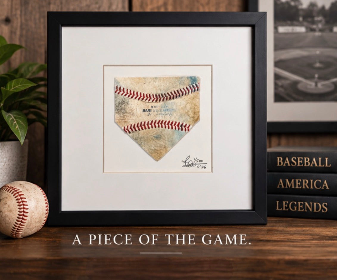The Baseball Seams Company HOME home plate baseball artwork made with used baseball seams, framed display view
