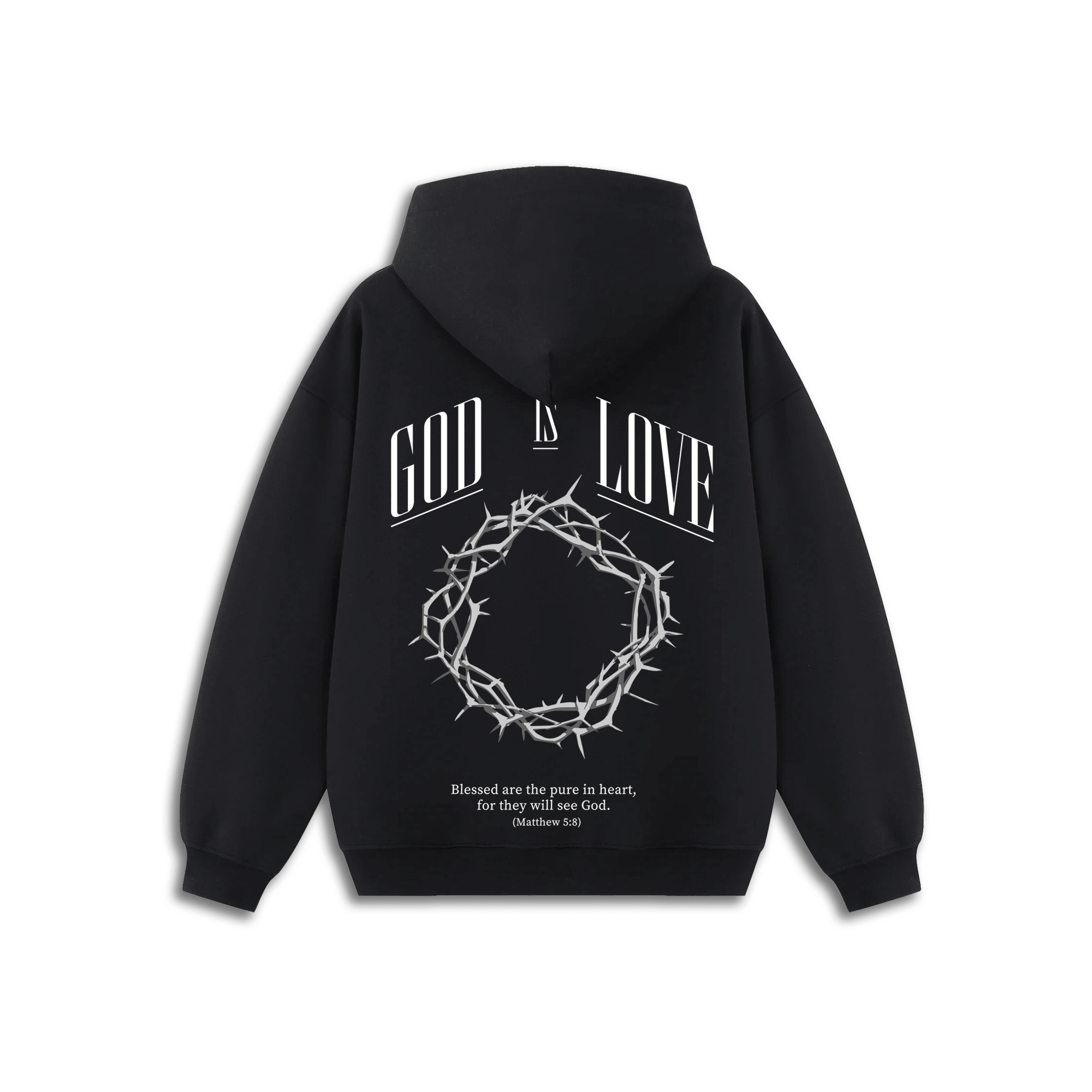 HolStrength black God Is Love Christian hoodie with crown of thorns back graphic
